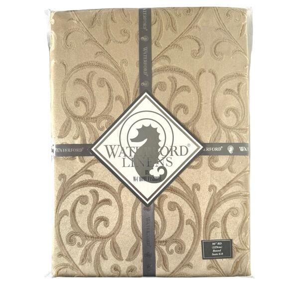 Waterford Linens Anya Tablecloth 90” Round + 4 Napkins Set Polyester Gold Design - Picture 2 of 8
